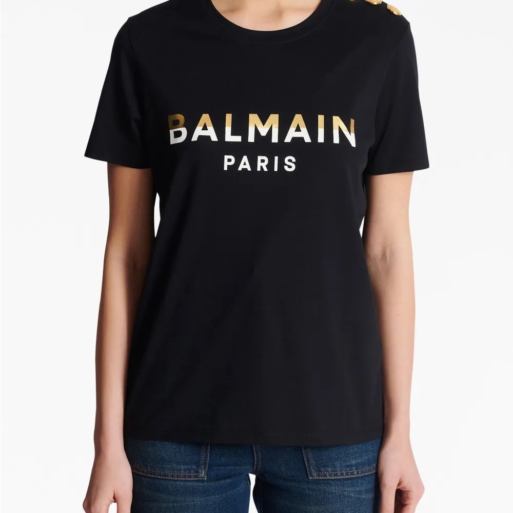 Balmain Black T-Shirt with Gold Accents